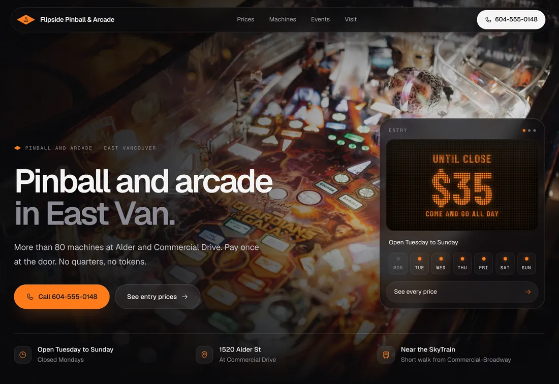 Example website for Flipside Pinball & Arcade, a pinball arcade in Vancouver