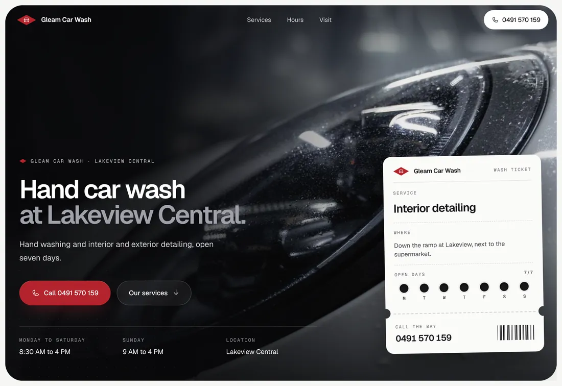 Example website for Gleam Car Wash, a hand car wash in Queensland