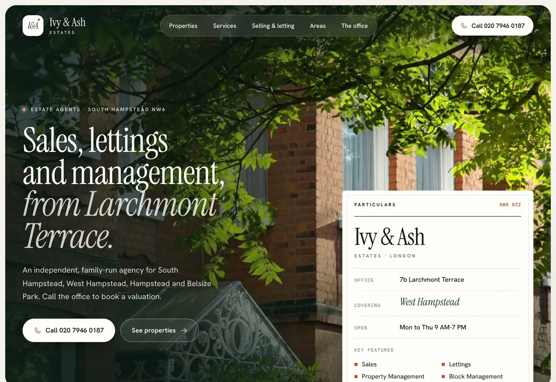 Example website for Ivy & Ash Estates, an estate agent in London
