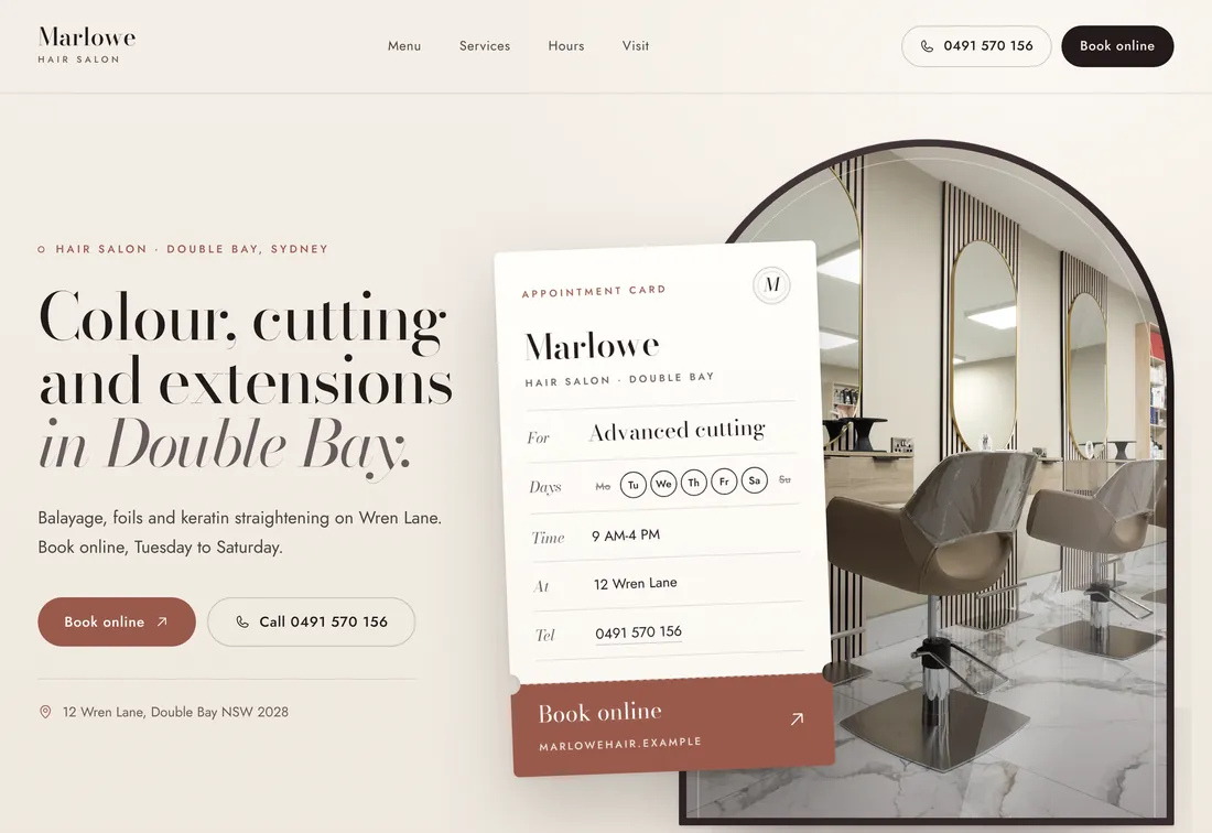Example website for Marlowe, a hair salon in Sydney