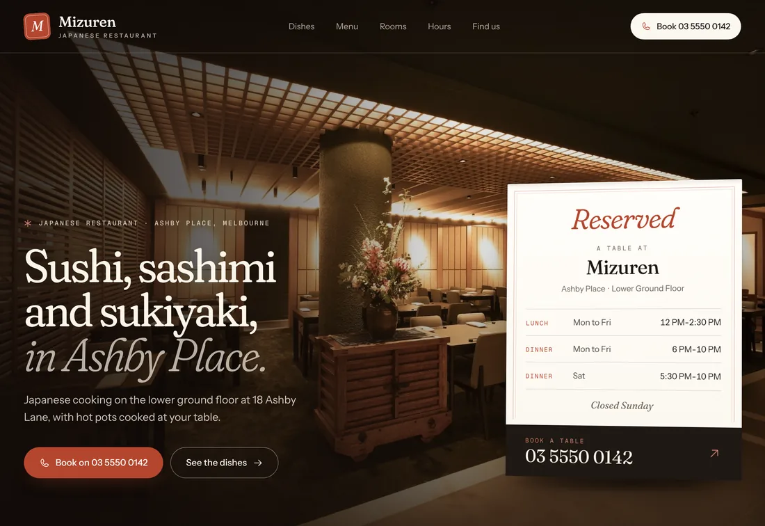 Example website for Mizuren, a Japanese restaurant in Melbourne